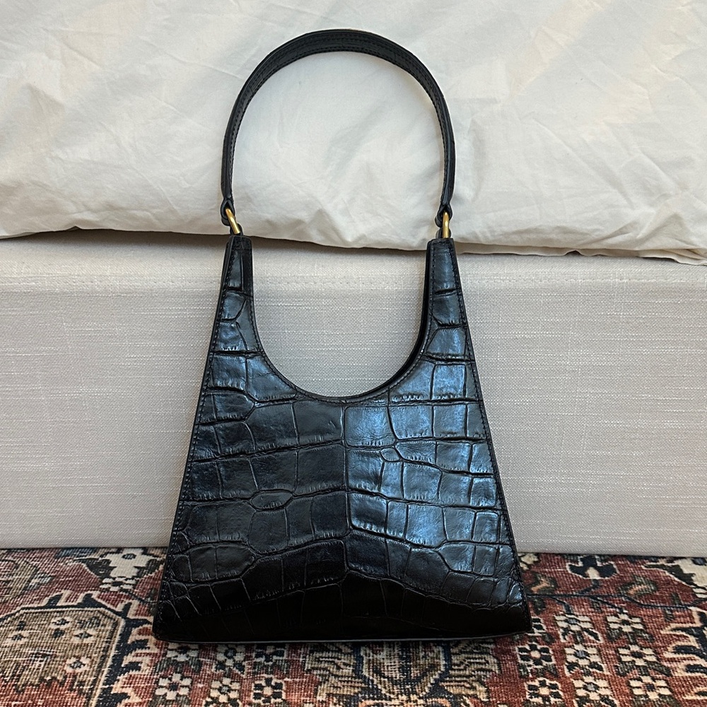 STAUD Black Croc-Embossed Leather Shoulder Bag